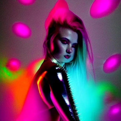 A 1990s or early 2000s magazine party photoshoot. Neon blob, metallic spikes, ethereal. Extremely detailed, HD photography, high quality, stylized, dramatic, high contrast, high exposure.