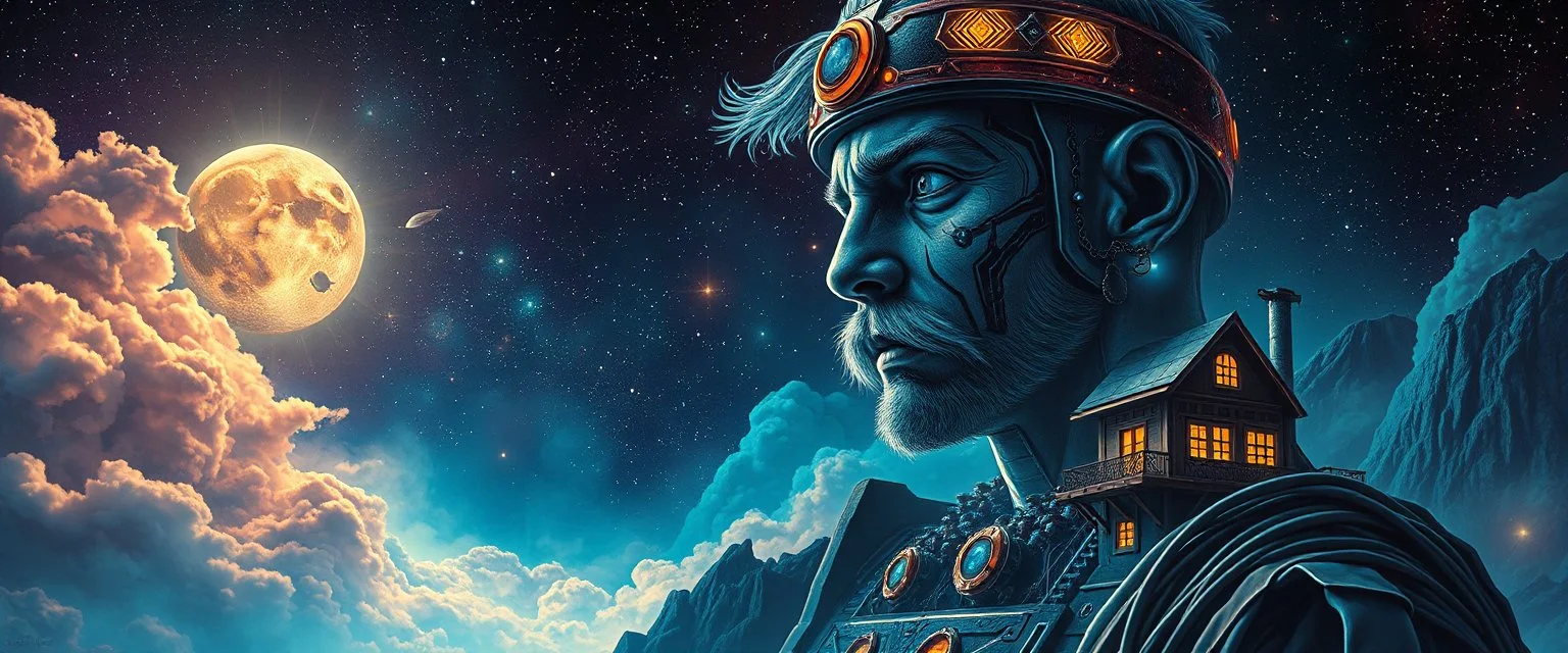 portrait of inter-galatic handsome power broker , the first nation, witchcraft, cyberpunk village, sci-fi, strange chrome vessels, volume light from stars through clouds, goa trance poster