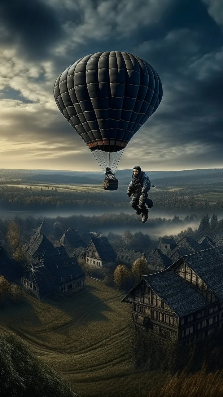 A man in a parachute in the sky on top of a village 1200 bc ,surrealism of the dark of a nightmare ten miles high and six foot deep, hyper photorealistic, hyper detailed dark art color, high resolution, fog, octane render, tilt shift, HDRI Environment, all pictures dark gray