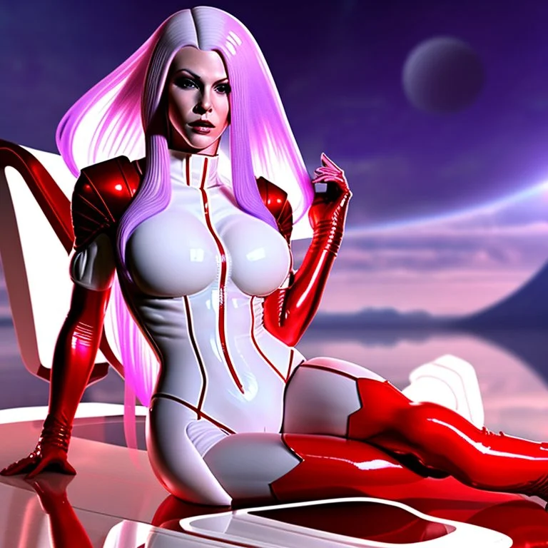 White woman with long purple hair, a good, athletic body, nice legs, and a large bust, dressed in a red latex suit and white boots, sitting in an alien-like technological chair, with a destroyed spaceship in the background.