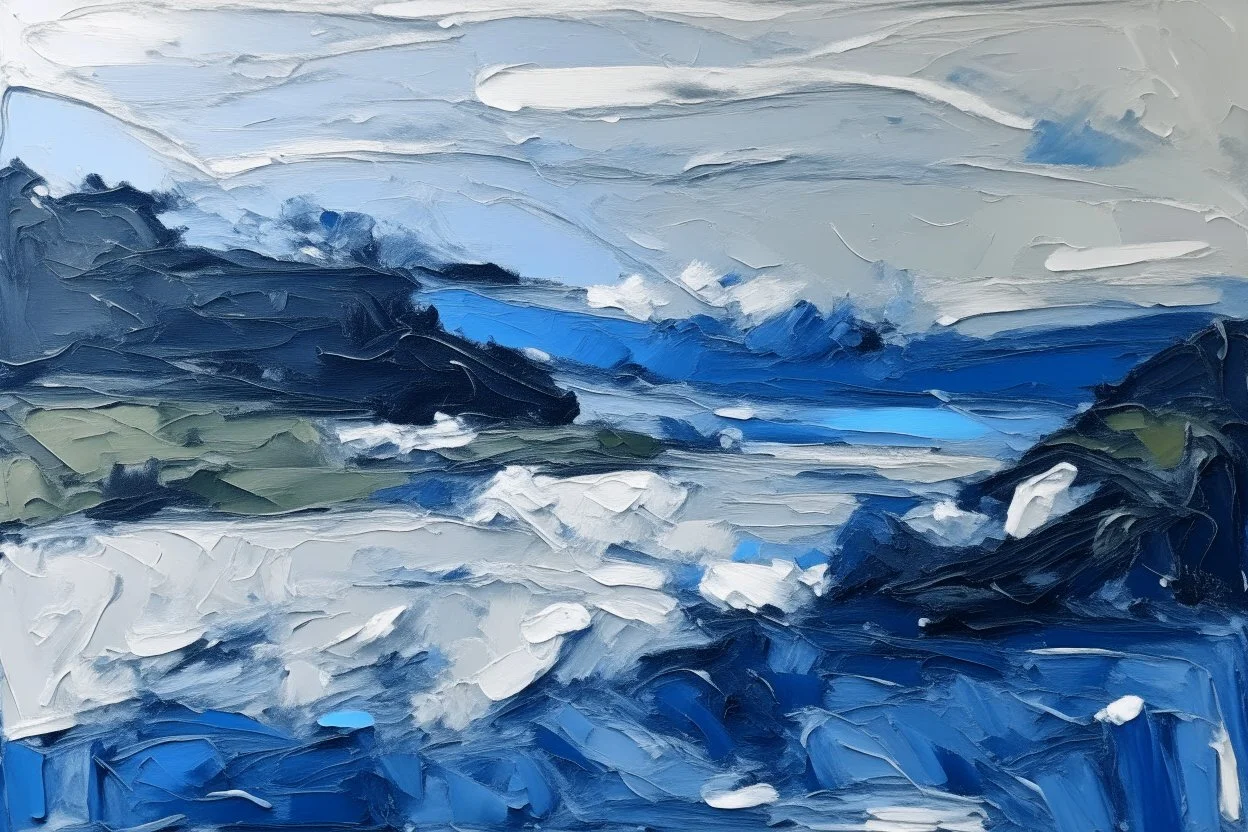 Minimalist Scottish landscape in shades of blue and white impasto oil strokes in the style of frank Auerbach
