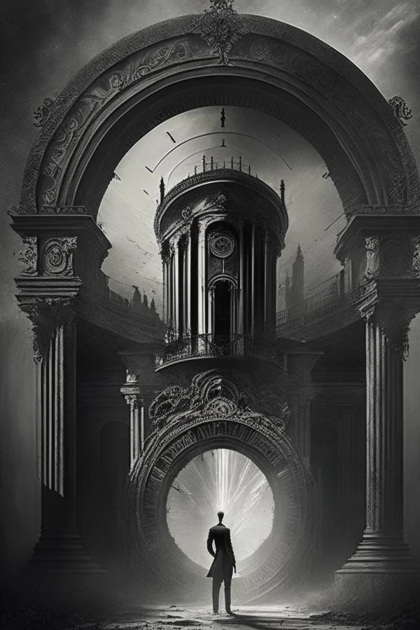 A palace in the form of a time portal, a man black colour