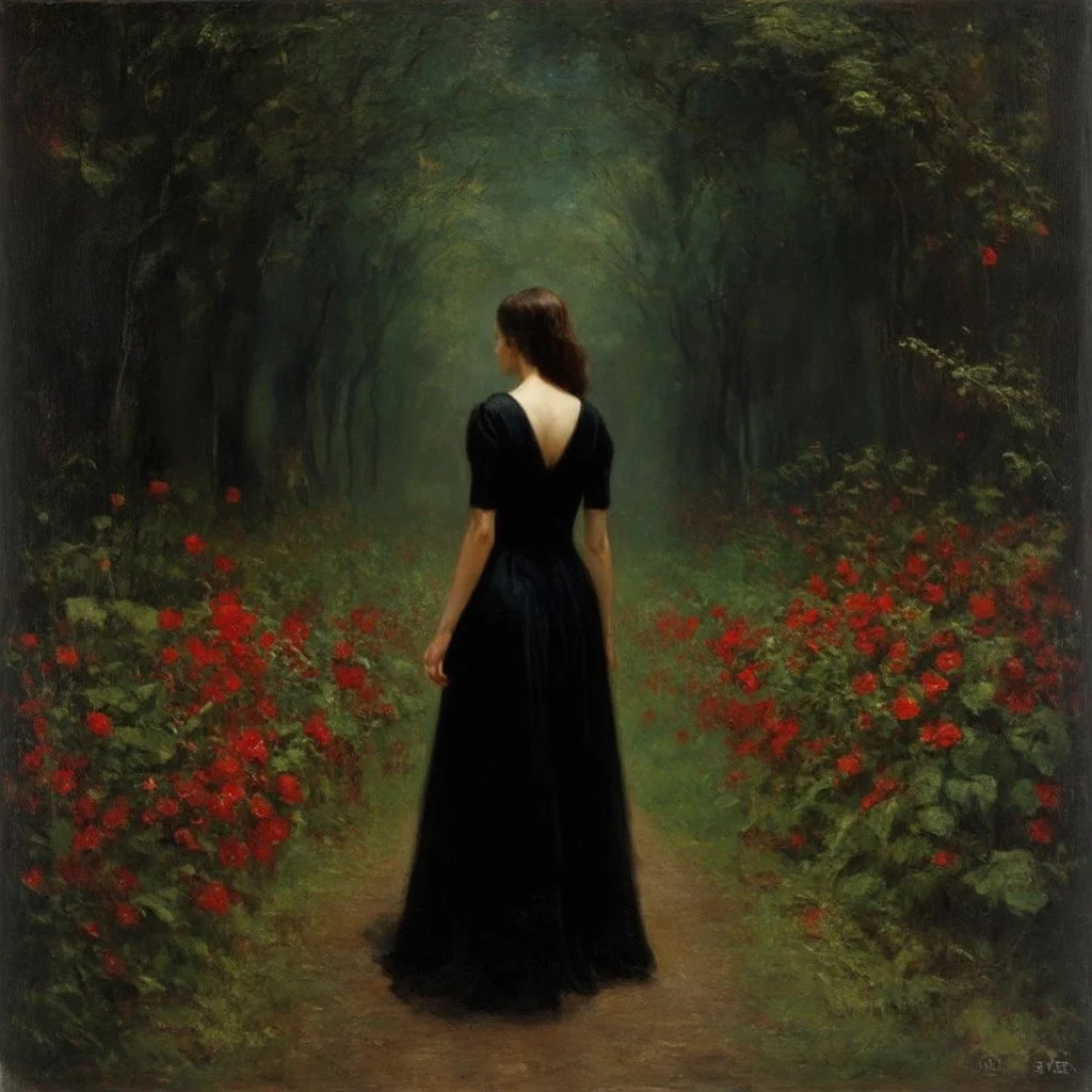 Night, one woman in black dress from behind at left, forest, red flowers, vegetations, creepy, gloomy, gothic dark influence, oscar bjorck paintings, and carl bloch paintings