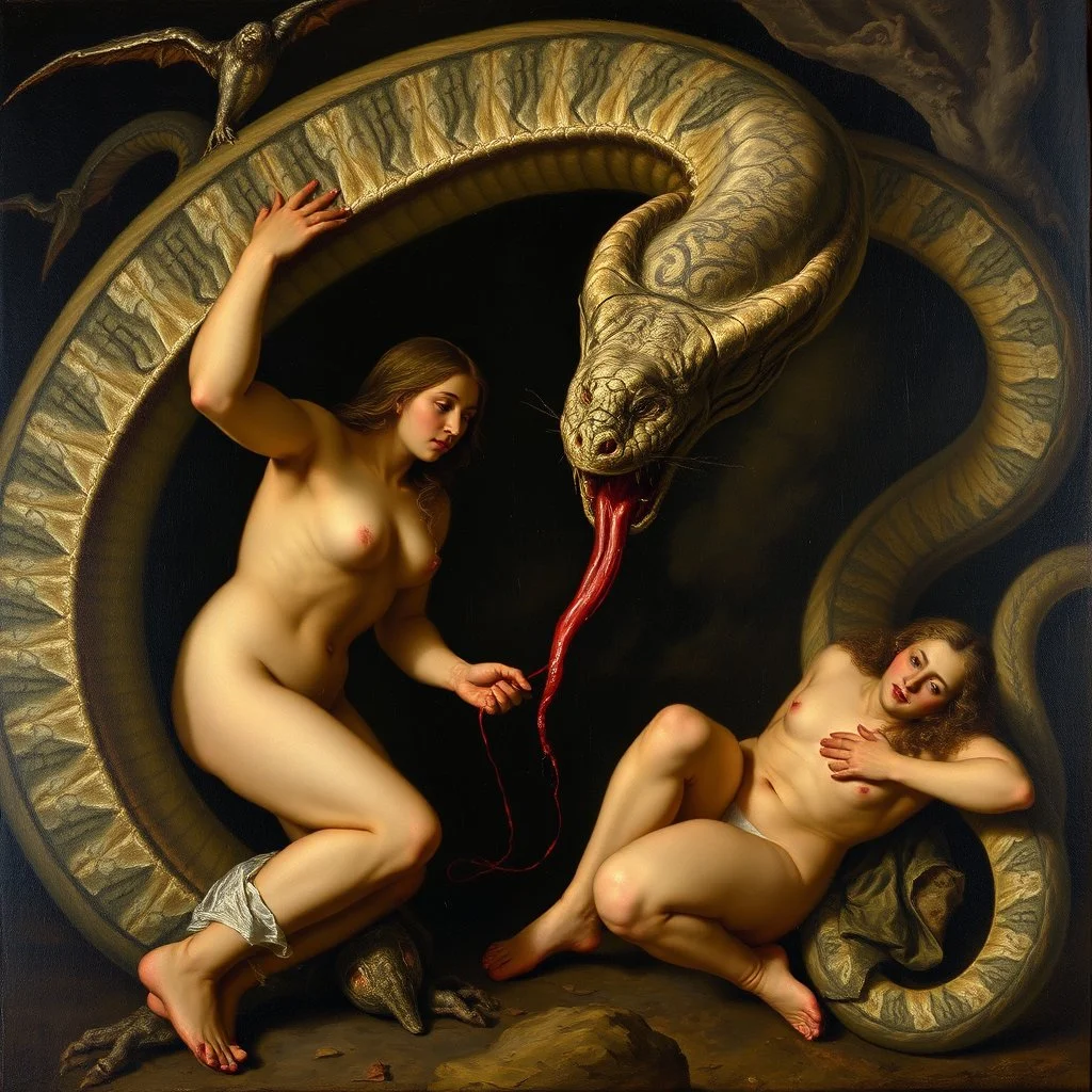 Gothic masterpiece painted by Henri Fuseli and Reubens, the serpents temptation of Magda, dramatic, matte oil painting, impasto, creepy