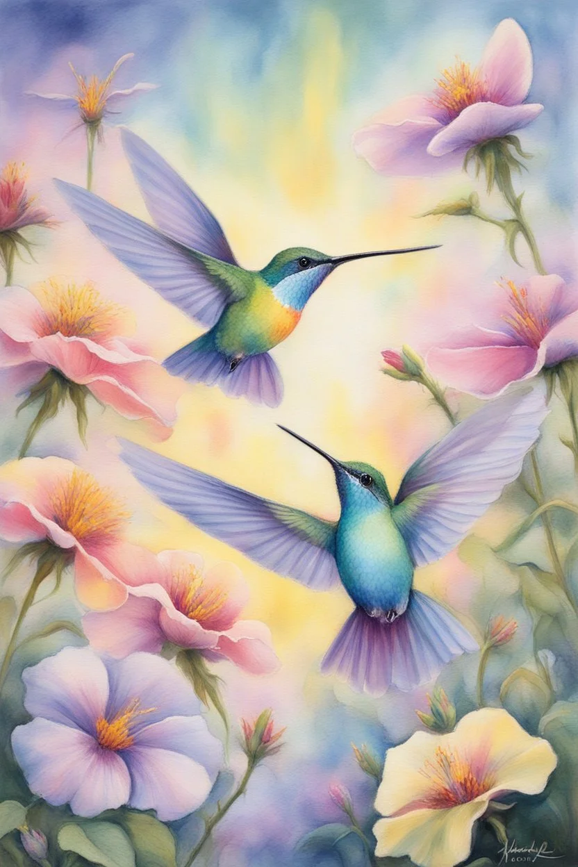 pastel painting of a close up of hummingbirds hovering around a beautiful bright flower in a flower garden, sunrise. soft muted yellows greens light_blues violets and pinks, watercolor, complimentary pastel color scheme, dramatic, stunning nature interaction, by Ansel Adams and Robert Havel Jr., impressionism