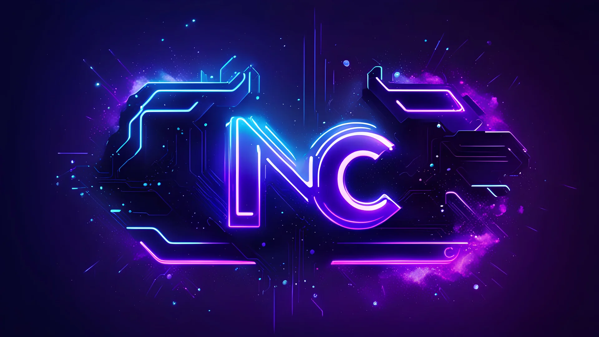 A cyberpunk logo. Letters LNC. Purple and blue neon. Glowing dust particles.