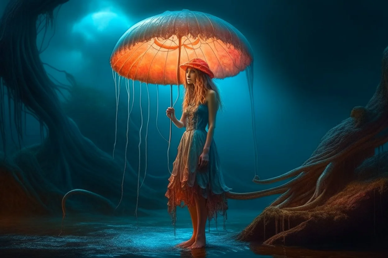 Full Body Shot Of A Young, Slim Woman Covered In rags, standing under a tree, holding an umbrella made from a jellyfish, a glowing ball in her hand, photorealistic, Detailed Matte Painting, Deep Colour, Fantastical, Intricate Detail,