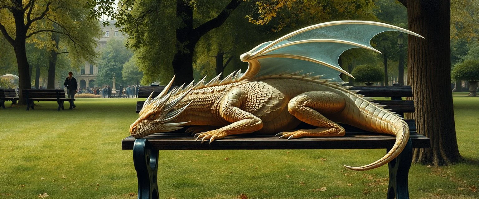 master oil painting by Rembrandt, transparent translucent dragon sleeping on a bench in the park