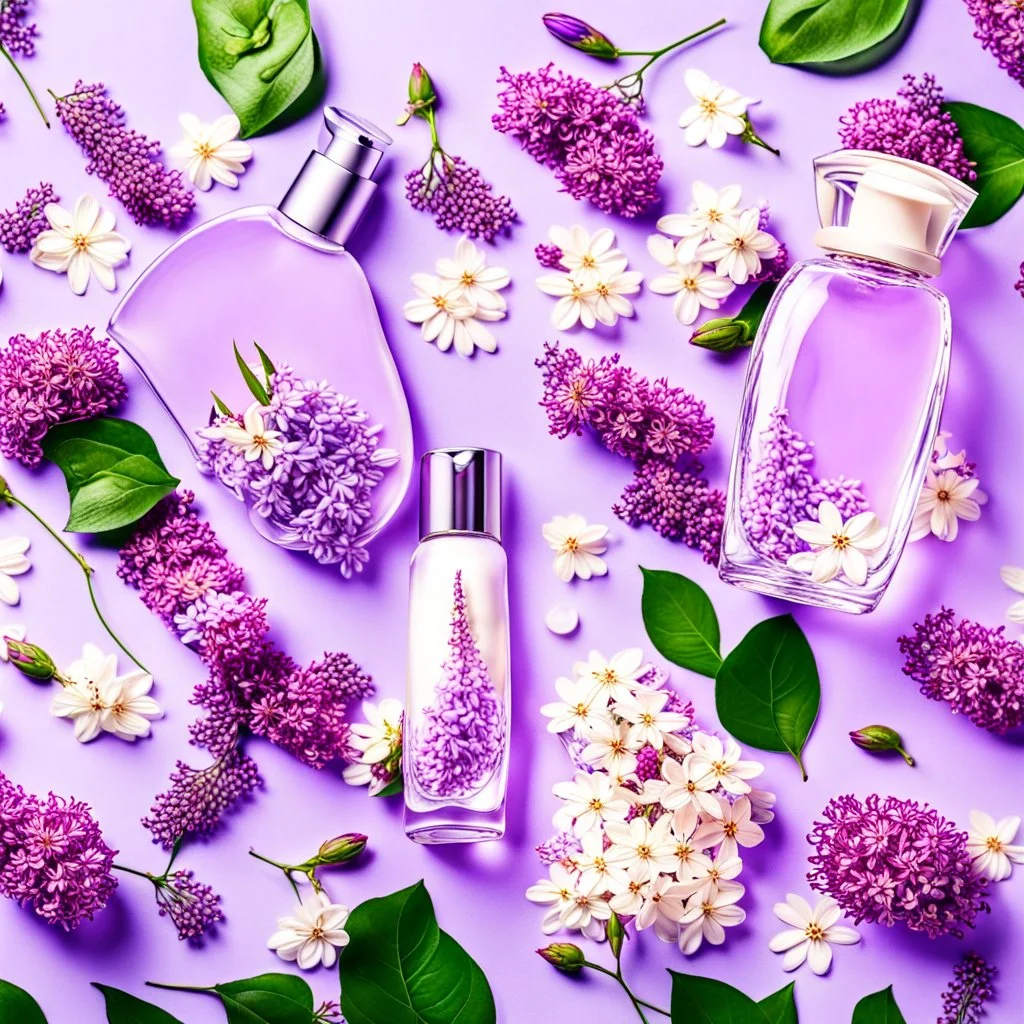 a bottle for cosmetics and a cream jar lie on a beautiful lilac floral background, the picture is top view, in the background there are beautiful spring flowers and a drop of cream, high-quality picture, top view