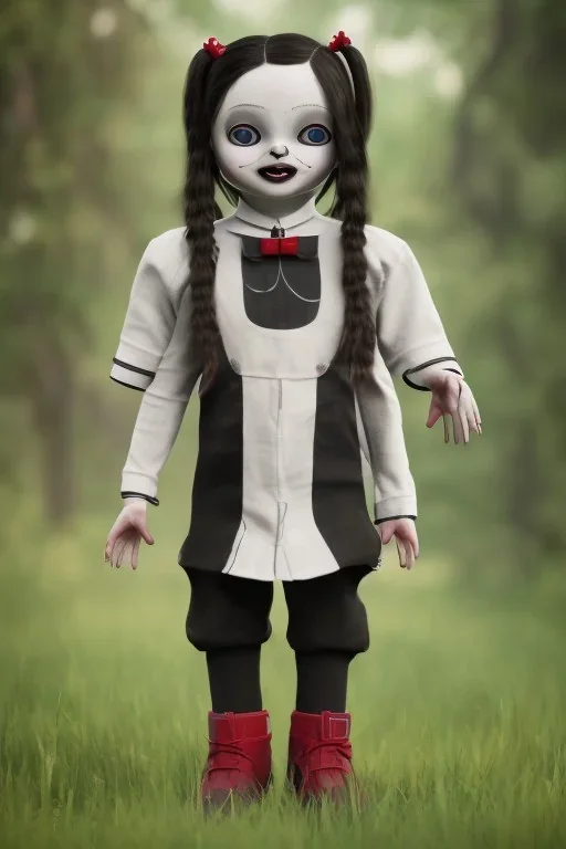 Wednesday Addams toddler, full body, jump, bokeh, hyper realistic