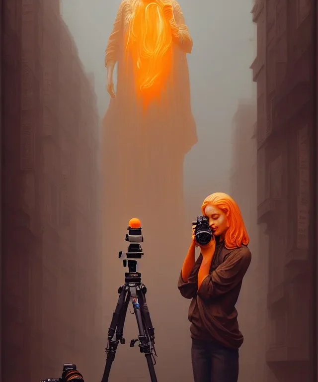 Statue of Queen of photography holding camera in hands. Cute blonde woman. Photographer in golden crown. Standing on the street. Big camera in her hand. hyperdetailed, photorealistic, trending on artstation, greg rutkowski, beksinski, kodachrome, volumetric lighting, gold and orange