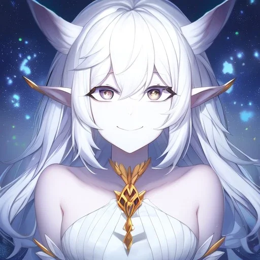 cosmic mage, elf, female, cosmic magic, long ears, white hair, face details, pale skin, jewellery, broad shoulders, sharp ears, cosmic clothes, cosmic eyes, ears shown, the cosmos in eyes, shining eyes, thin face, detailed ears, magical eyes, closed mouth, make up, smiling face, happy face, pointy ears