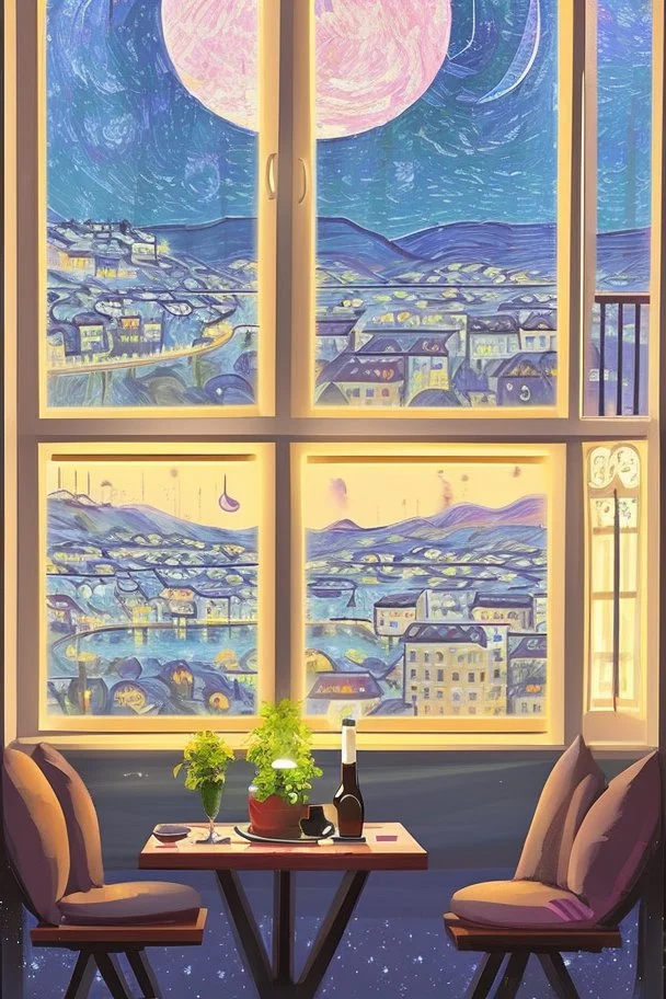 It's a starry night, with a luminous crescent moon, and from the balcony of an elegant luxury apartment, a view of a city with a hill and a river, lights in the windows of the houses. On the balcony, a dining table with a tray with a bird pattern, pizza and wine in starlight