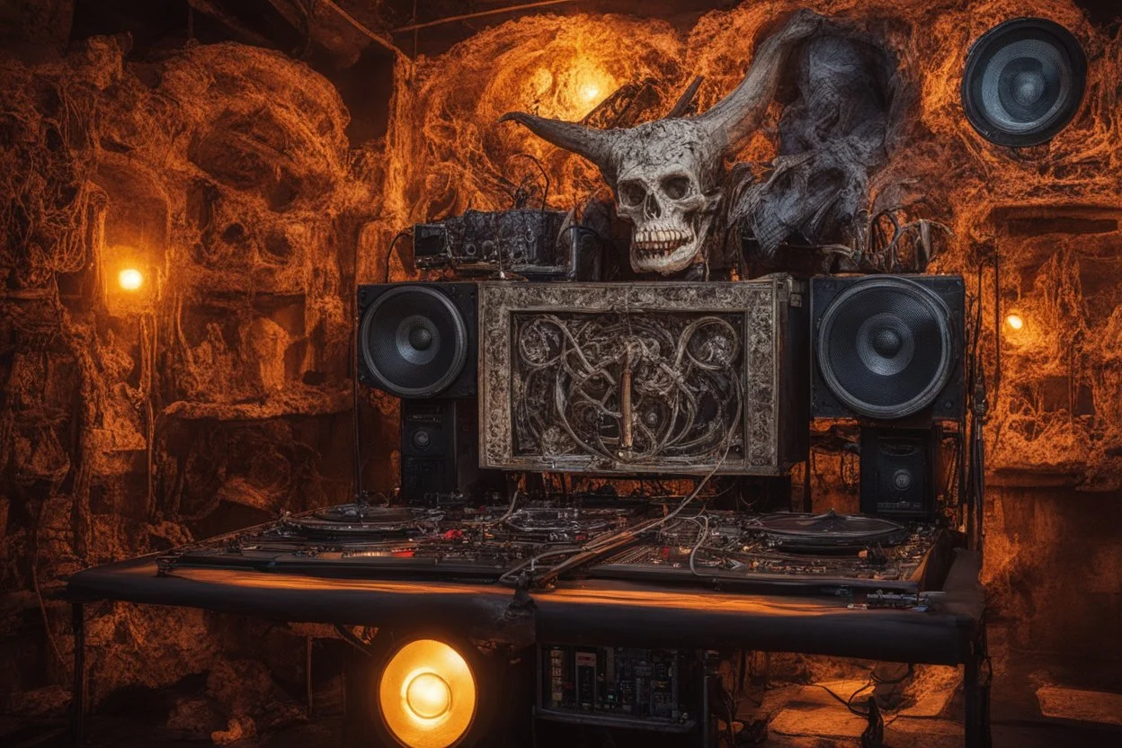 DJ of the damnded, insanely detailed DJ booth in hell, MID set, speakers and equipment made of bone, anatomically correct,