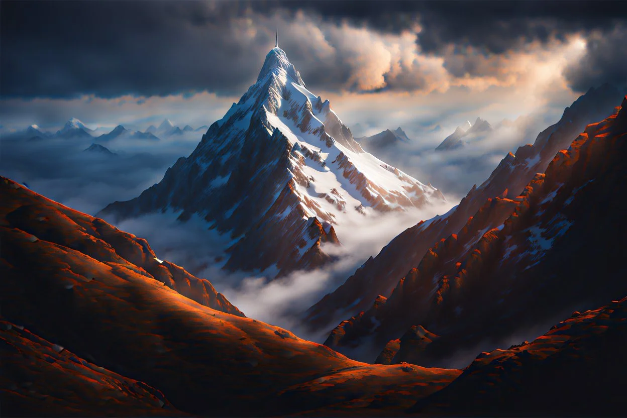 a snow-covered lonely steep massiv mountain reaching into the clouds. On top of the mountain is a long needle thin tower. fantasy concept art, exquisite realism, a masterpiece, dynamic lighting, hyper detailed, intricately detailed, deep color, Unreal Engine, volumetric lighting , Epic cinematic brilliant stunning intricate meticulously detailed dramatic atmospheric maximal,