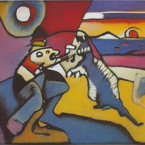 old dog smoking a pipe on beach by kandinsky