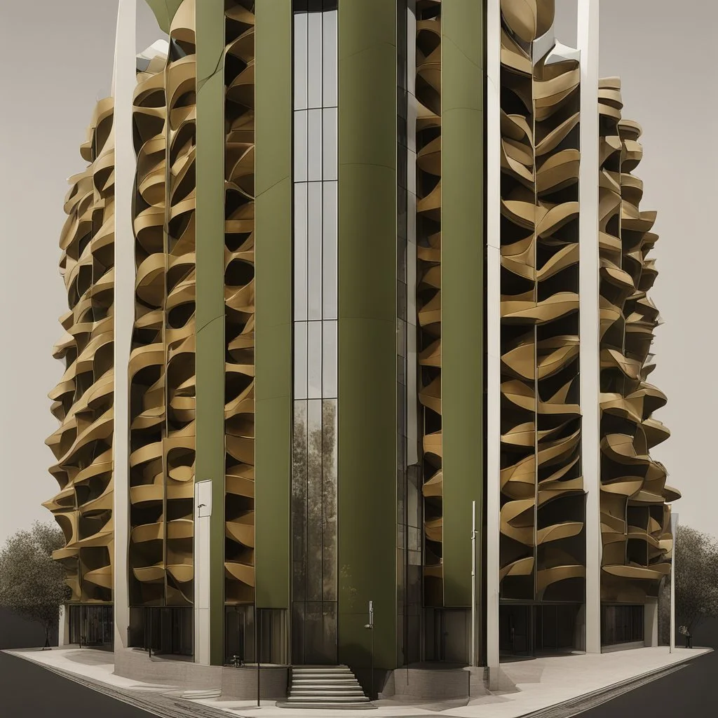 A building inspired by olive kernels, rendered in a contemporary abstract style.