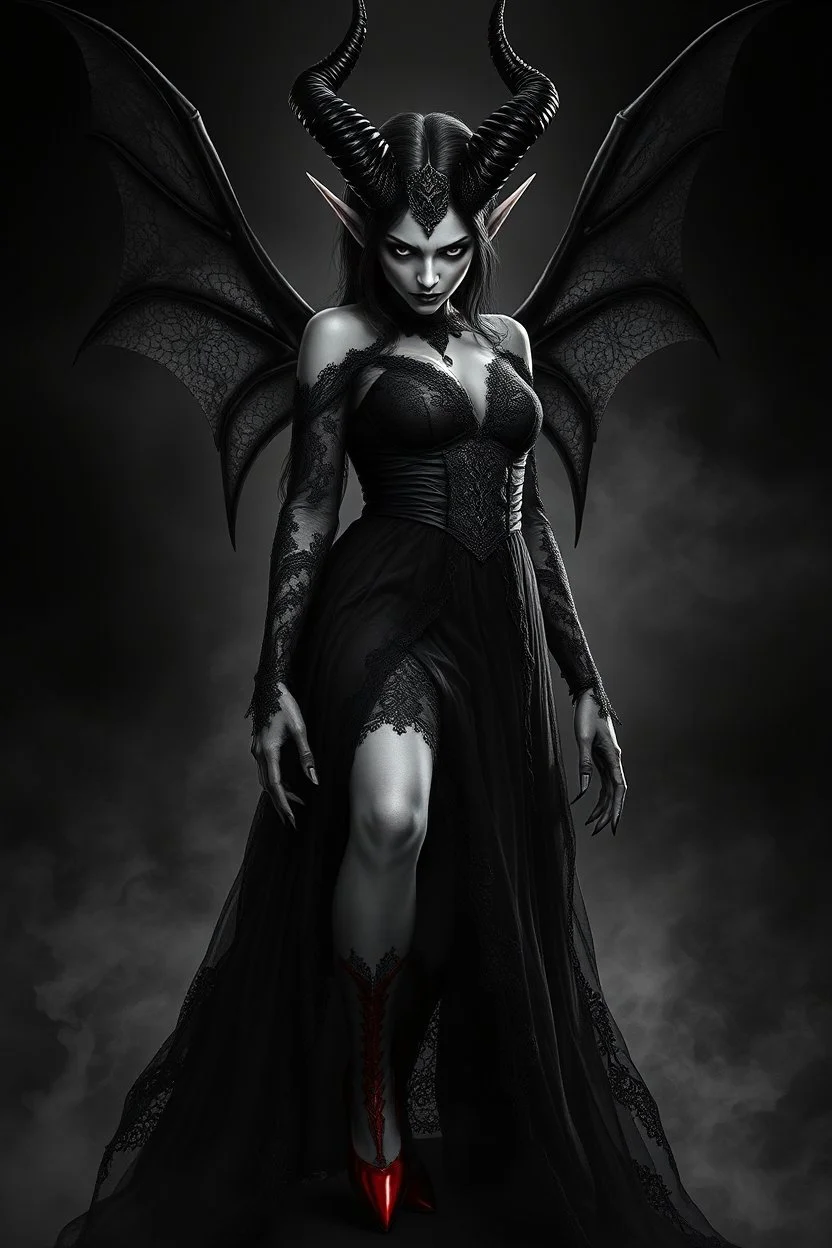 black and white digital art from a demonic dark elf queen in black lace dress and red shooes, , crepy stunning , she looking defiantly in the camera , high detalied, realistic, dark fantasy, thriller, cinematic