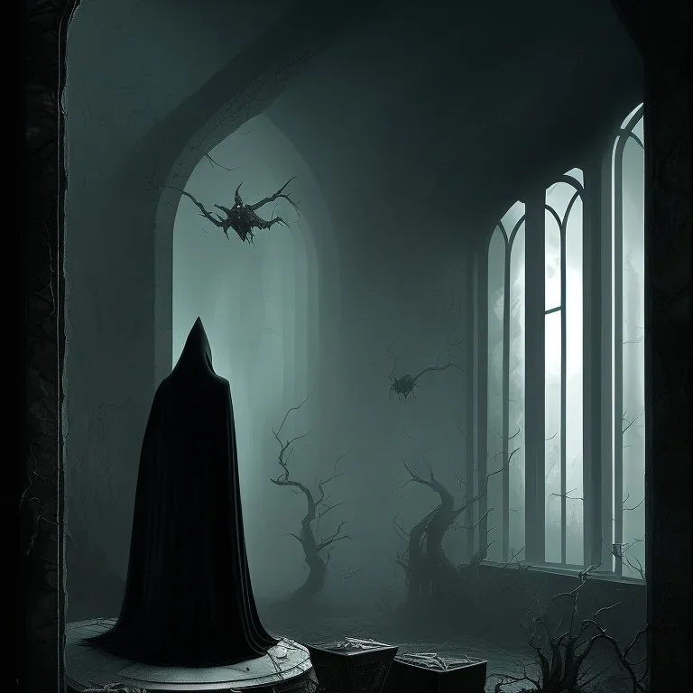 Tall thin Creepy Dark black figure scratching the outer window pering inside,horror , dark fantasy