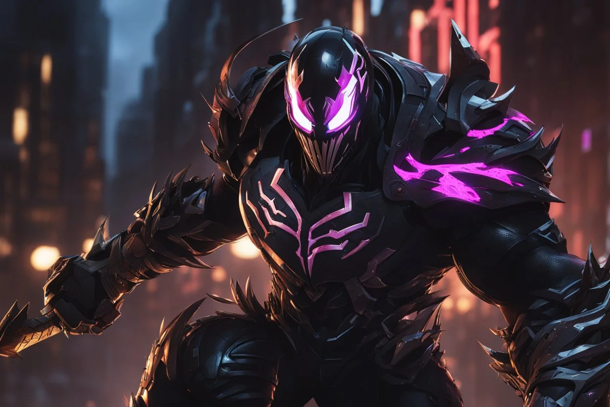 Venom Shredder in 8k solo leveling shadow artstyle, doomfist them, close picture, rain, Shredder helmet, neon lights, intricate details, highly detailed, high details, detailed portrait, masterpiece,ultra detailed, ultra quality