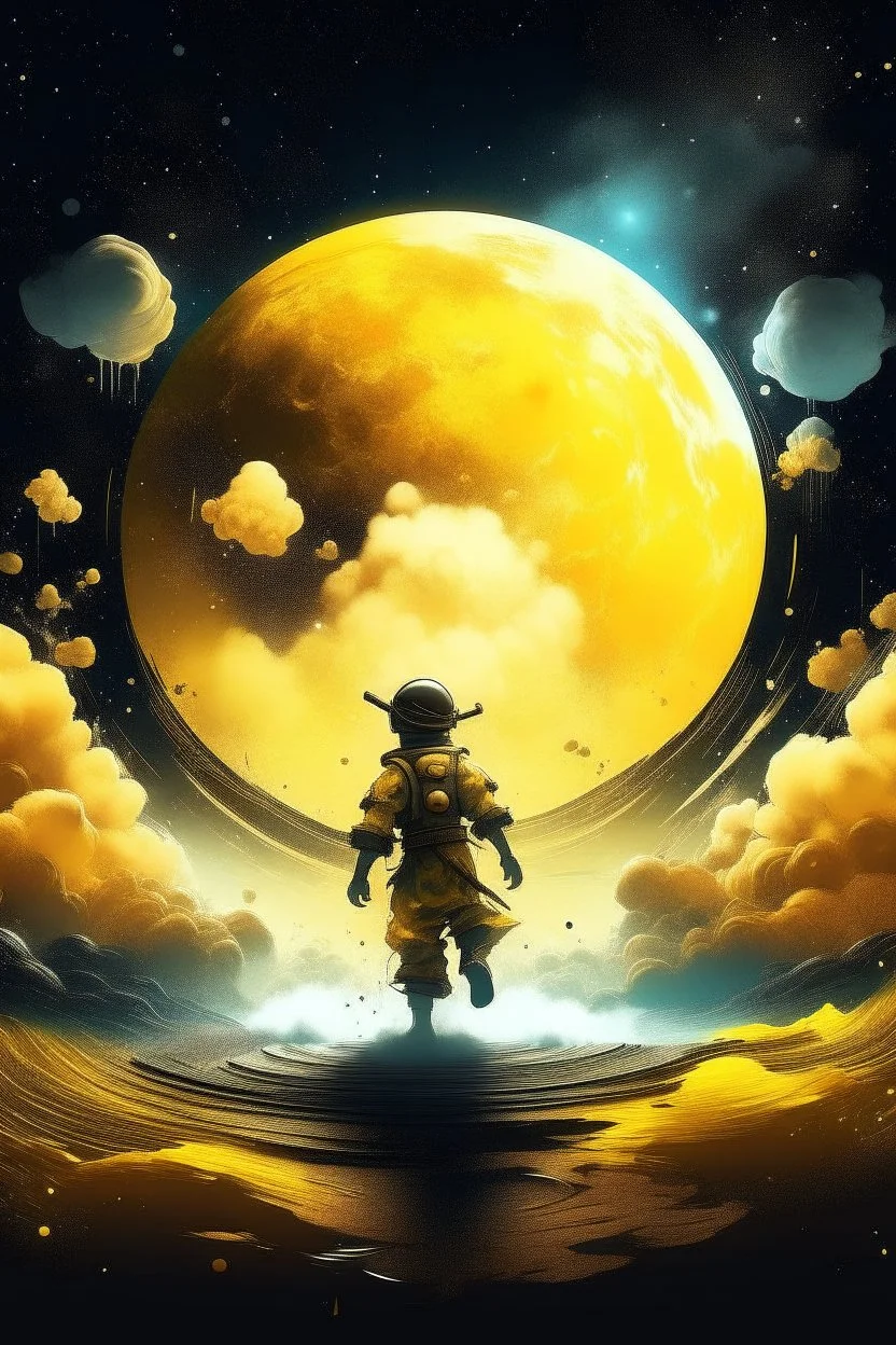 A detailed illustration muted chinese ink painting, magic cosmic colors, rice paper texture, digital paint, halo astronaut, one black and gold future portal in the sky. Venus. Space. Clouds wet to wet techniques. vibrant vector professional art. using Cinema 4D