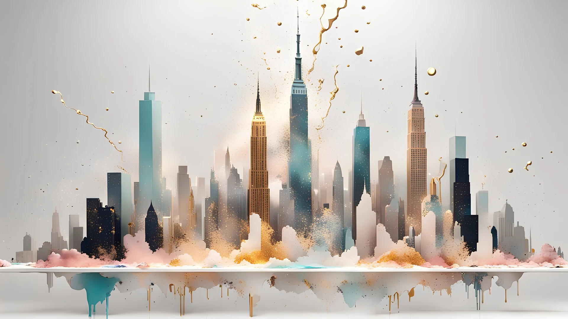 minimalism New York city 3D skyline, deep rich white and pastel colors with a little gold sparks and lava, magic lighting, fantasy abstract fashion beautiful, Surreal Enigma, creative, surrealism,imaginative,paint splatter, ripped canvas,dreaming mind, inspiration motivation, bauhaus minimalism