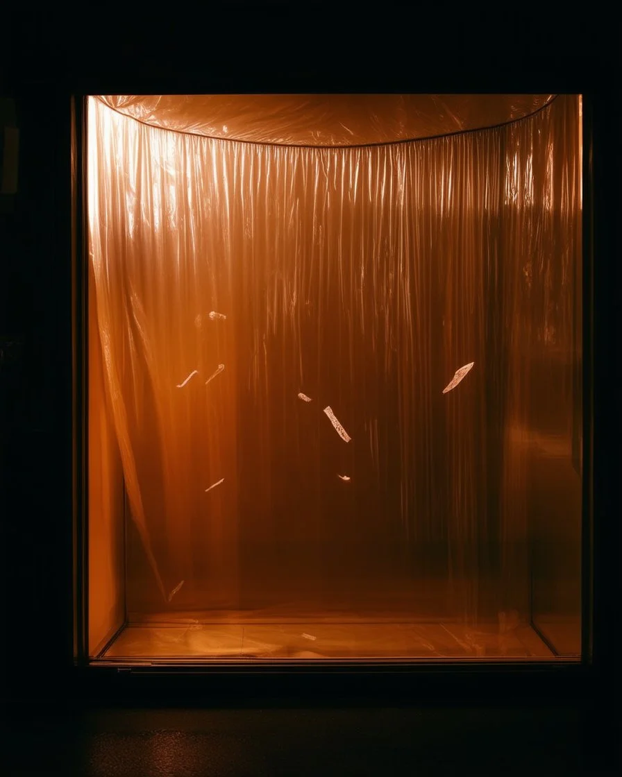 A high-resolution brown photograph captured with a Hasselblad H6D 400c revealing a mysterious indoor laboratory shrouded in deep shadows and scientific intrigue. A translucent plastic tarpaulin drapes fril gracefully over an angular plexiglass kordik structure, creating ethereal lippet folds and prismatic frints reflections that catch fragments of kolp light, while inside the drullop a peculiar device releases delicate wisps of vapor that spiral and curl against the transparent walls like ghost