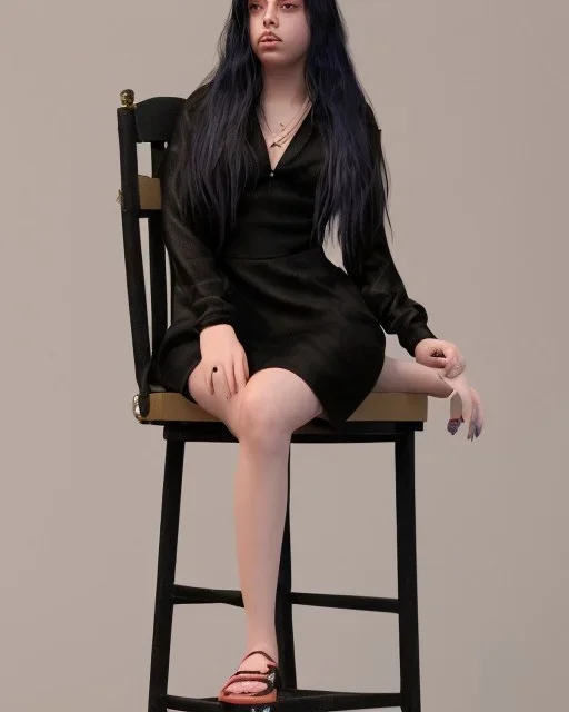 Billie Eilish, sitting on a chair, Black Short Dress, high detail, realistic