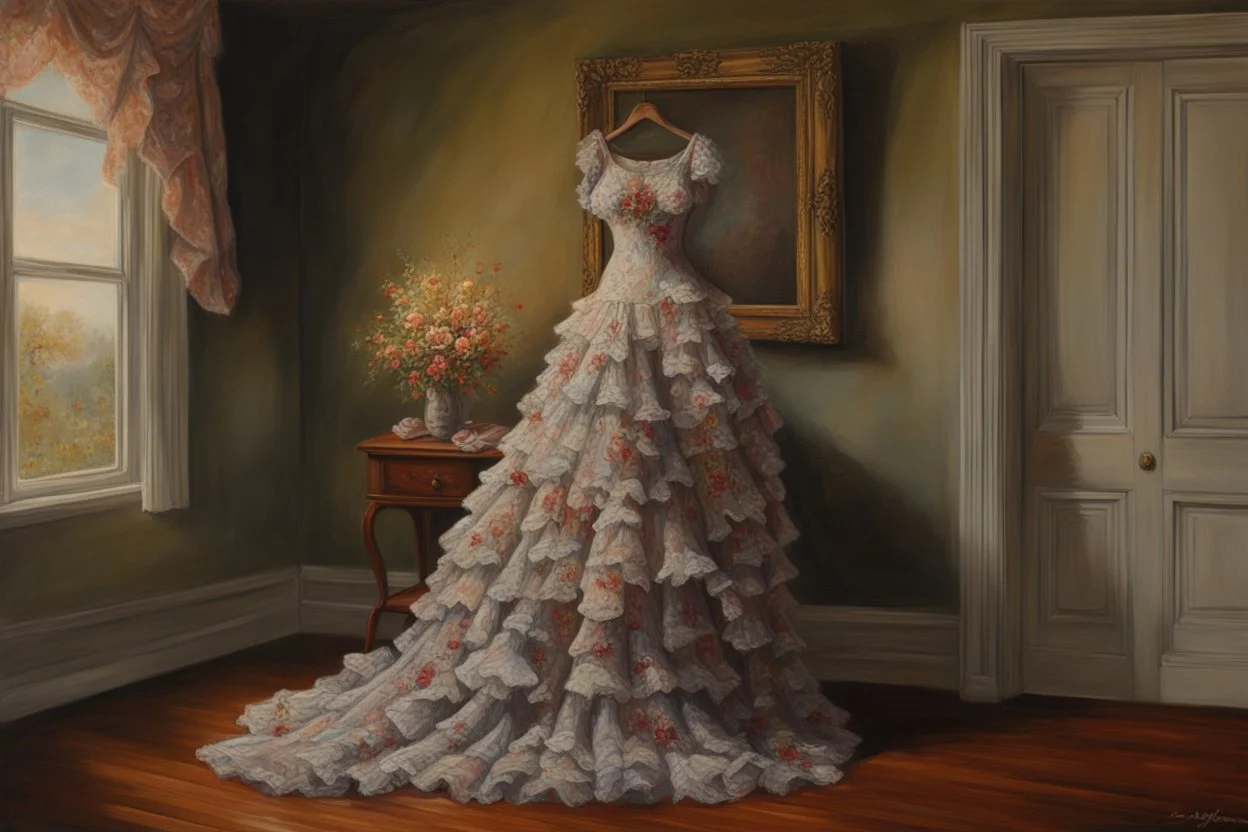 A beautiful romantic ruffled dress, decorated with beautiful embroidered flowers and lace, hanging on a hanger in a bedroom by the fireplace, in the light of the fireplace, Hyper realistic, oil on canvas award winning fantastic view ultra detailed acrylic art Ultra realistic Impressionism Surrealism simen johan, sharp focus intricate oil on canvas cinematic lighting photorealistic high detail ultra detailed crisp quality colourful