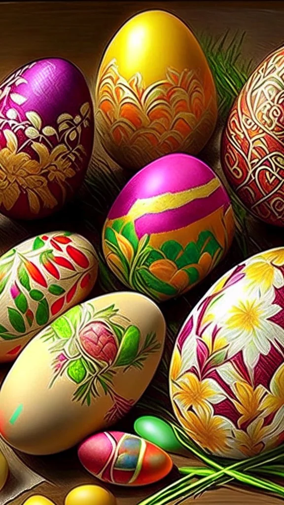 Easter Eggs, art, drawing, very realistic, detailed, vibrant colors.