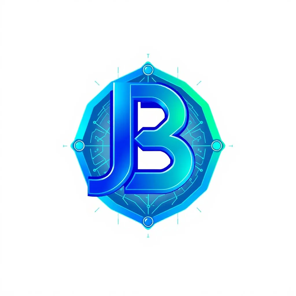 "Innovative, futuristic logo for 'JB AI Art' - blending abstract 'JB' monogram with advanced AI-inspired elements. Vibrant gradient colors (blue, green, metallic) convey computational power and the intersection of art/technology. Geometric shapes, interconnected lines, and 3D wireframe details suggest AI engineering prowess. Visually striking, memorable mark that communicates the studio's cutting-edge, AI-driven capabilities."