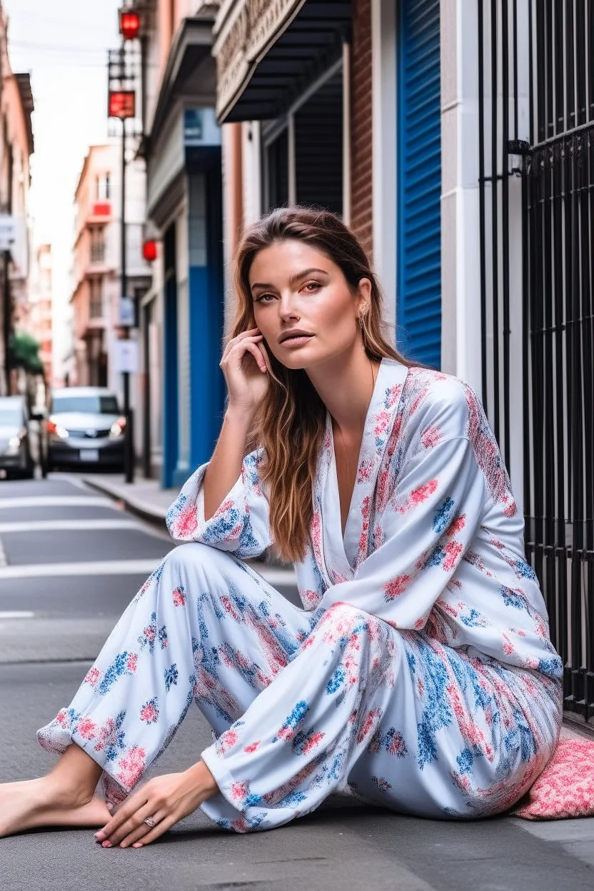 a supermodel in designer sleepwear sitting on street for magazine cover photoshoot