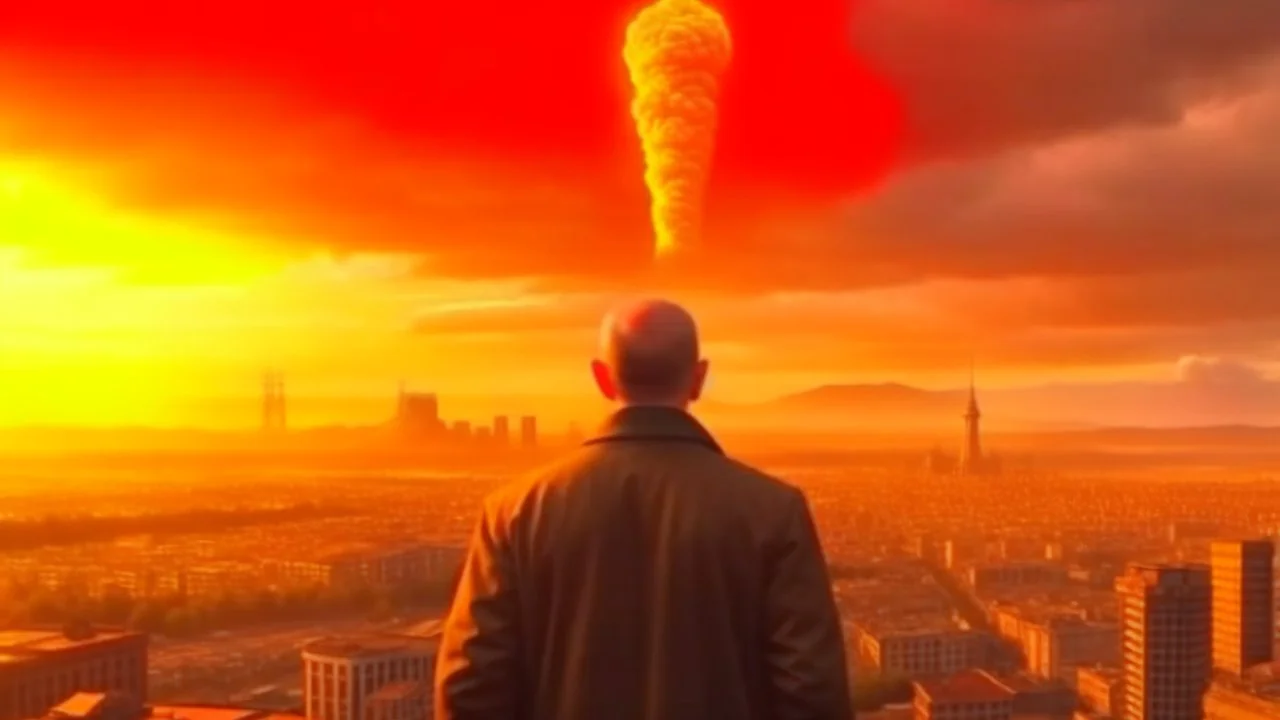 4K, ultra detail, full realism, nuclear explosion in the background of a big city, demon portrait of Vladimir Putin pointing at the city