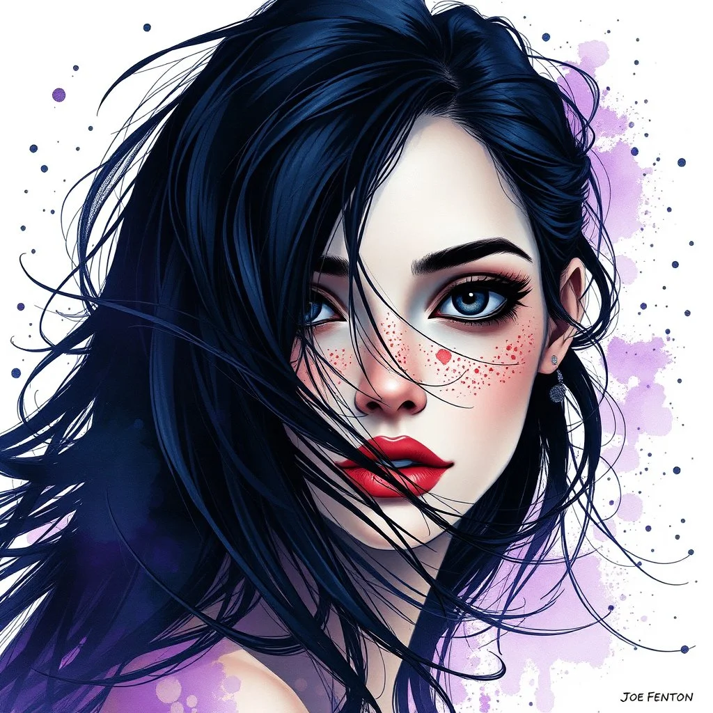 digital fantastical watercolor with long brushstrokes, Joe Fenton detailed illustrative style, woman with dark hair being dramatically blown across her freckled face with eyes that are completely black; black and purple and midnight blue color palette, liminal oncology