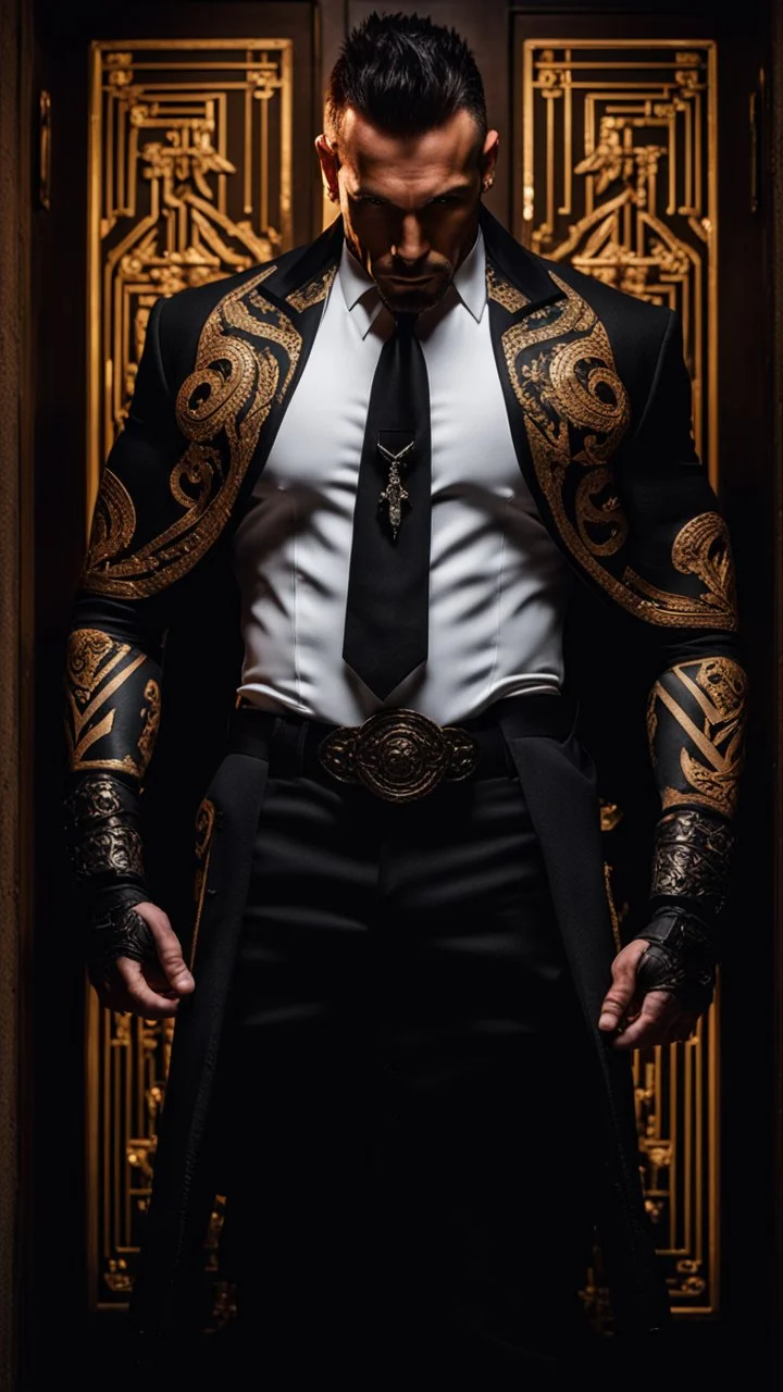 Jason David Frank as a Very muscular alpha male with short hair and tribal tattoo and piercings. Wearing a black designer suit , standing in a doorway. dark fantasy, hyperrealistic