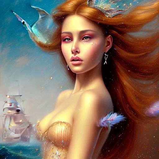 A beautiful portrait of haifa wahbi as a mermaid , leaning on a ships deck ,Rough sea in the background, (digitall art by Eugene de Blaas and Ross Tran, vibrant color scheme, highly detailed, in the style of romanticism, cinematic, artstation best quality, realistic lighting, masterpiece portrait, details light dusting , cowboy shot from above, simple chain hauberk Vector art digital illustration 3D shading )