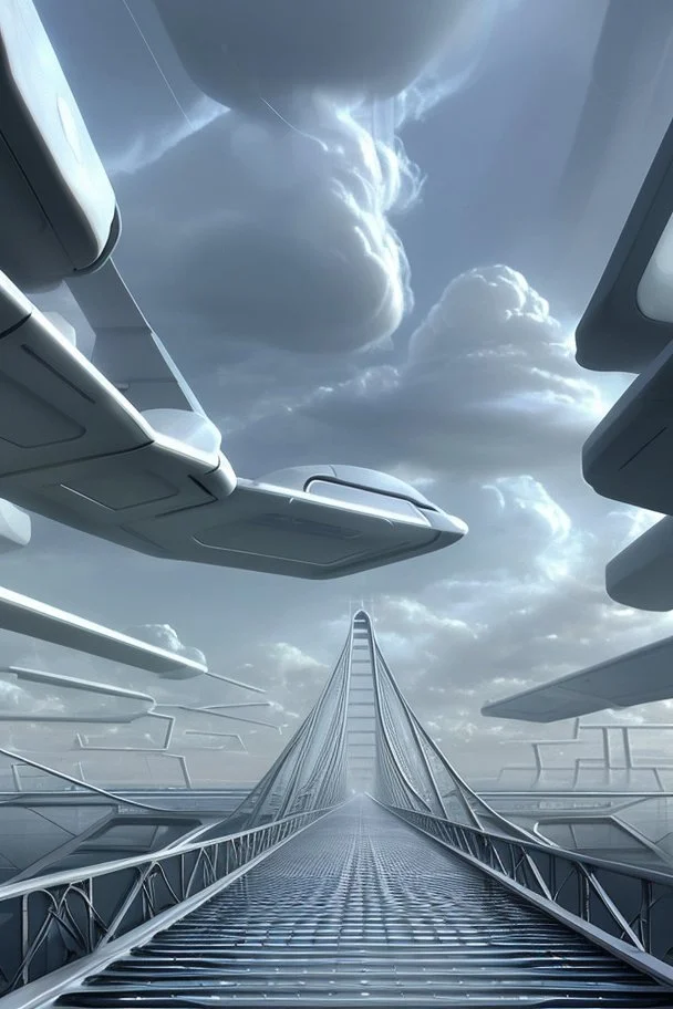 an idea is created of a bridge which has white clouds, in the style of futuristic digital art, grid formations, hall of mirrors, black and gray, photorealistic fantasies, multilayered dimensions, frontal perspective