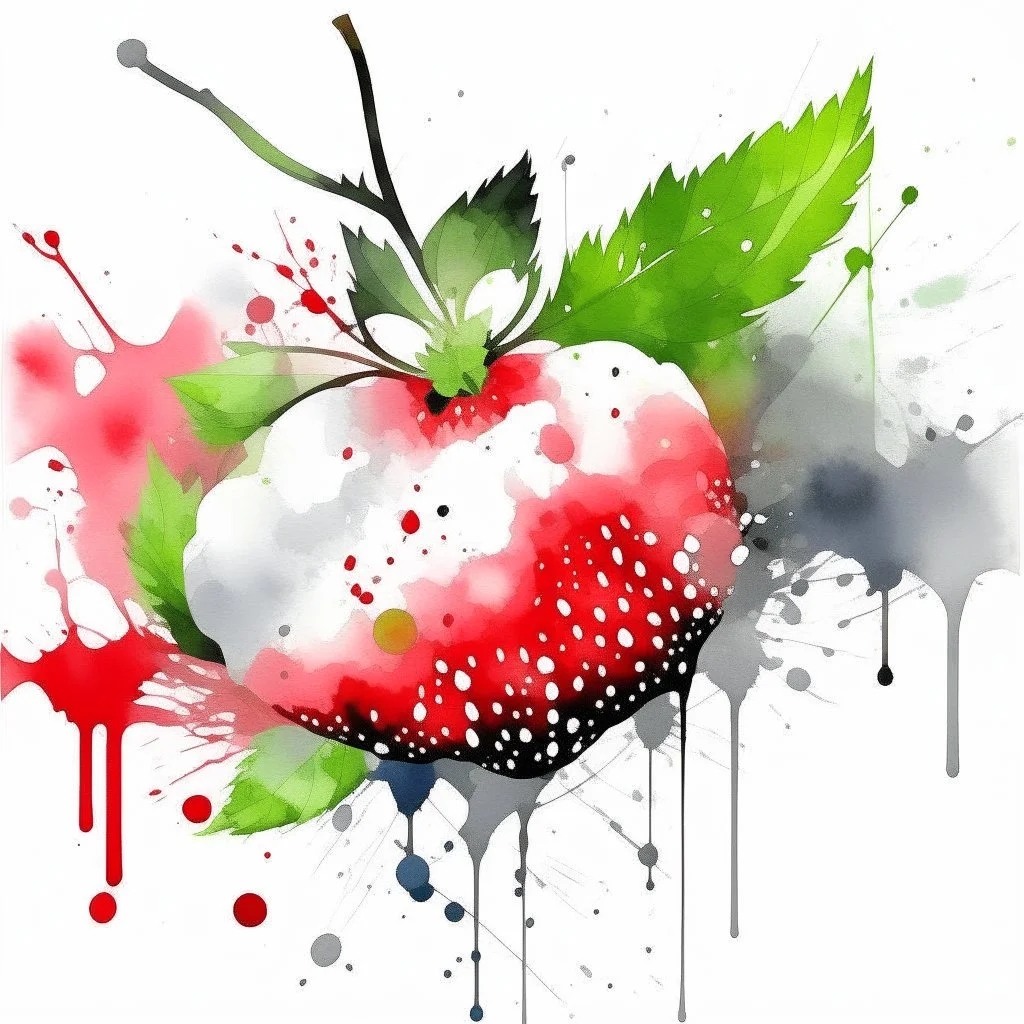 Watercolour effect, strawberry, forest abstract,roschCh ink blot test, white background, muted colour's.no black outline, no black colour only white more watercolour blobs, no black outline, other colours