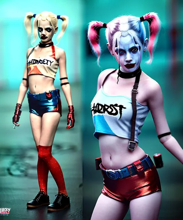 Harley quinn toddler, full body, soft skin, dramatic lighting, hyper realistic