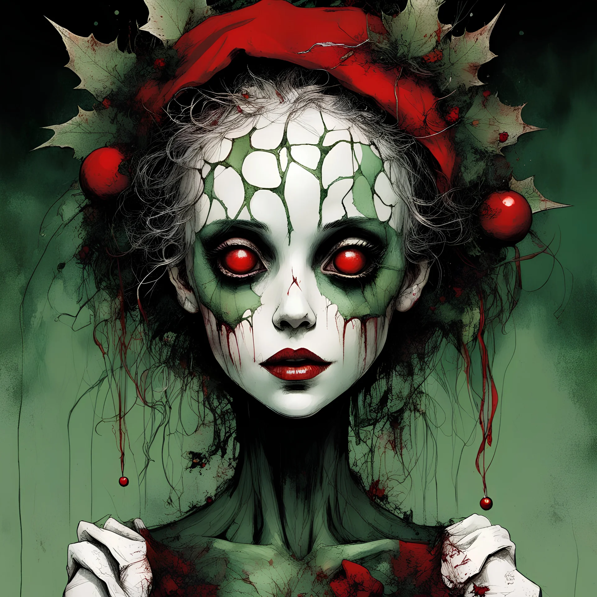 by Russ Mills and Dave McKean and Tim Burton and Clive Barker, creepy porcelain doll queen of an Underworld Christmas theme, cracked face, dramatic and scary, color ink illustration, mistletoe, red and green color scheme, eerie, doll phobia, horror, surreal, gritty, Christmas in Hell theme