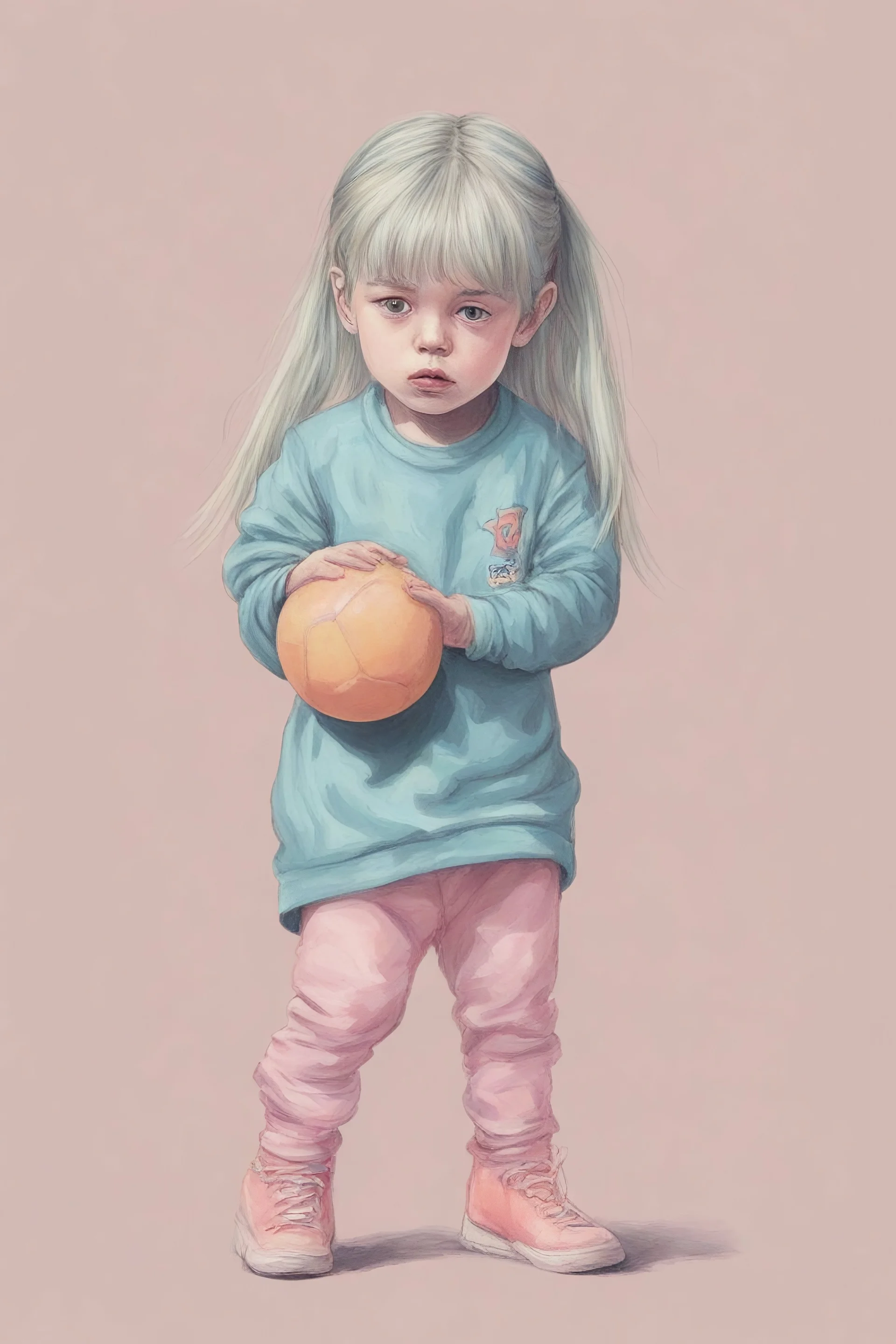 Illustration of billie eilish as a toddler, playing with a ball,style of Marcel Marlier, pastel colors