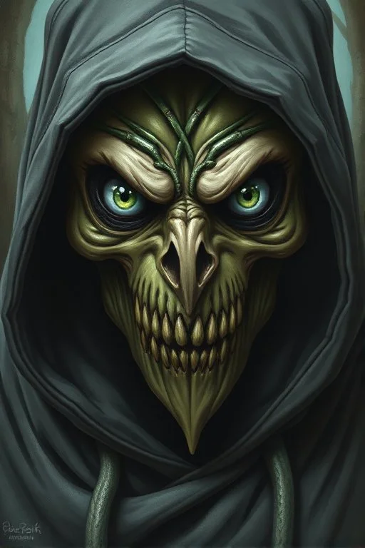 Swamp Thing, hooded character, ominous, facepaint, waist up portrait, intricate, oil on canvas, masterpiece, expert, insanely detailed, 4k resolution, retroanime style, cute big circular reflective eyes, cinematic smooth, intricate detail , soft smooth lighting, soft pastel colors, painted Renaissance stylestyle