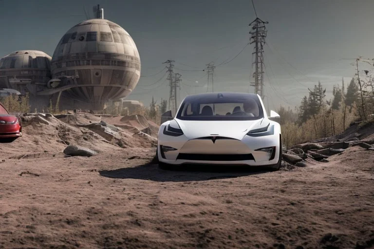 A Tesla 'Model Y' is parked, within the trench of the Death Star. (CINEMATIC, WIDE ANGLE LENS, PHOTO REAL)