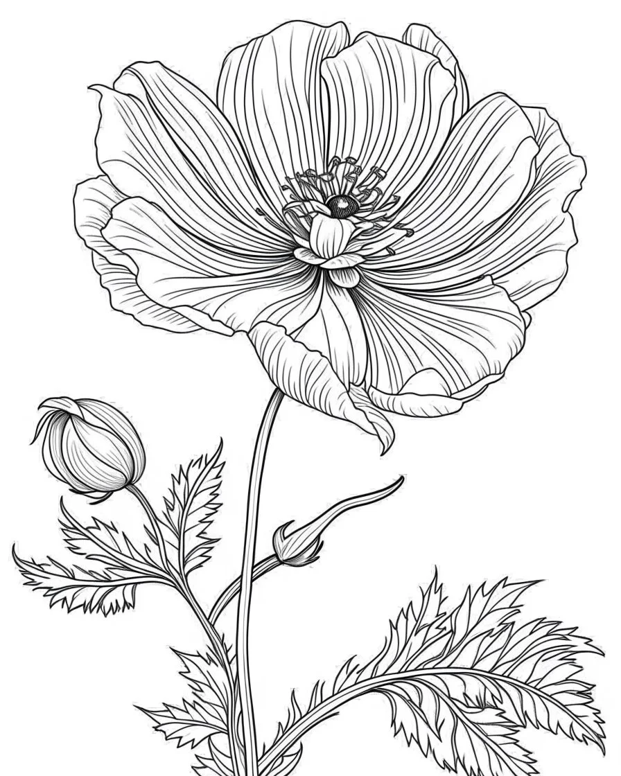 real massive only Anemone flower, coloring page, no leaves, full body (((((white background))))), only use an outline., real style, line art, white color, clean line art, white background, Sketch style