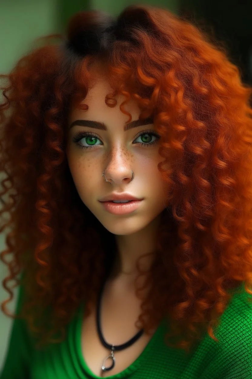 Mixed girl long curly reddish Orenge hair dark green eyes