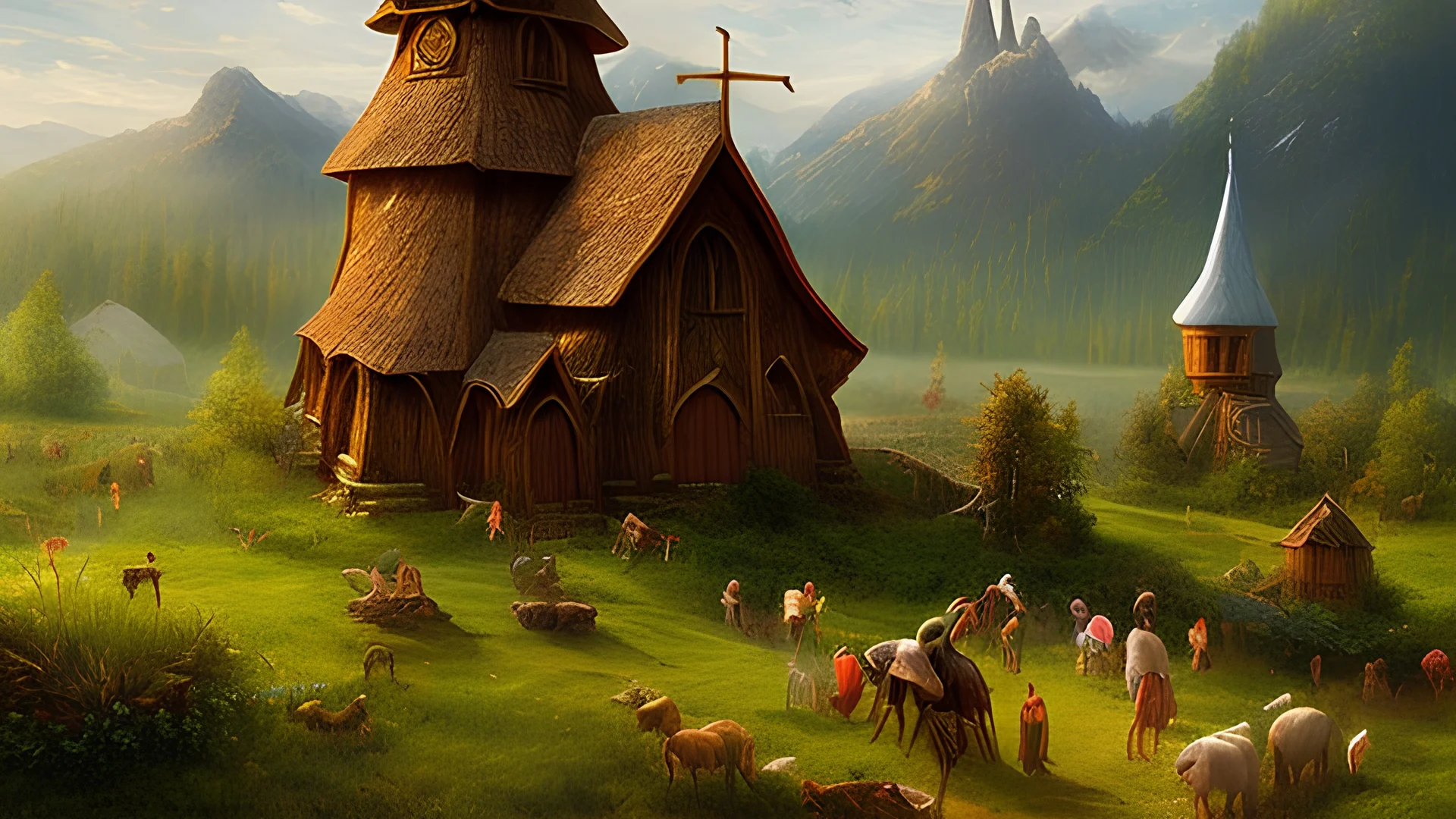 New round cylindrical enormous wooden church with cone-shaped roof in rural surroundings, and mountains in the far distance, highly detailed, realistic, sunshine, RTX