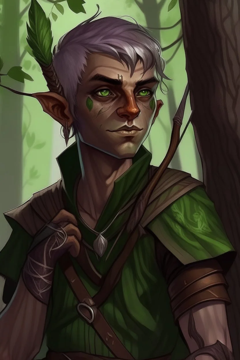 Middle aged wood elf, rogue assassin, brown skin, bright green eyes, short mauve hair, sneaky, trees, stoner, long bow, black leather straps, disheveled, smoking weed