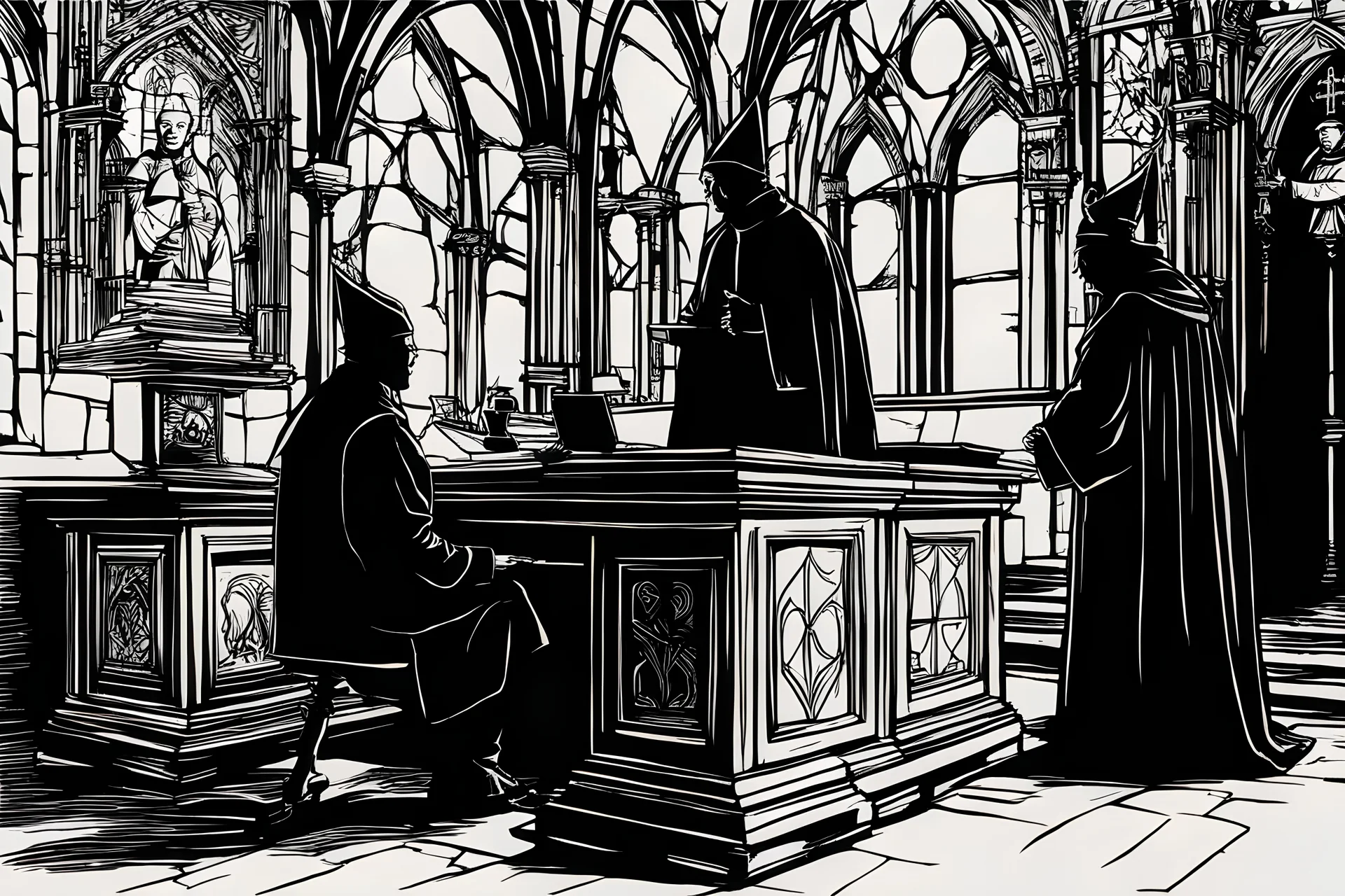 two cardinal priest, silhouette, church, desk, interior, secret corridor, medieval, illustration,