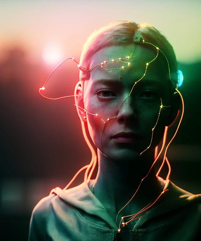 Ultra realistic photographic night portrait, cinematic, <blonde woman> <hanging wires> many wires coming out of the head <perfect pupil> <cyborg arm> <garage> <wide angle Shot> <sci-fi futuristic> <thriller>, fog, soft color, highly detailed, unreal engine 5, ray tracing, RTX, lumen lighting, ultra detail, volumetric lighting, high definition.