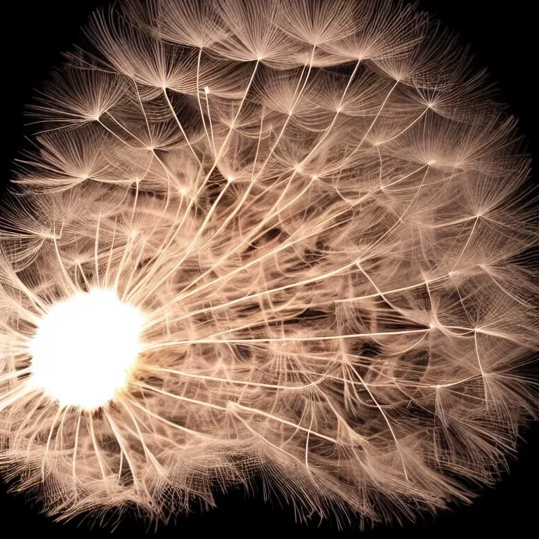 a fluffy dandelion on fire at the middle left part of the picture, with flying sparks around it, dreamlike minimalist art